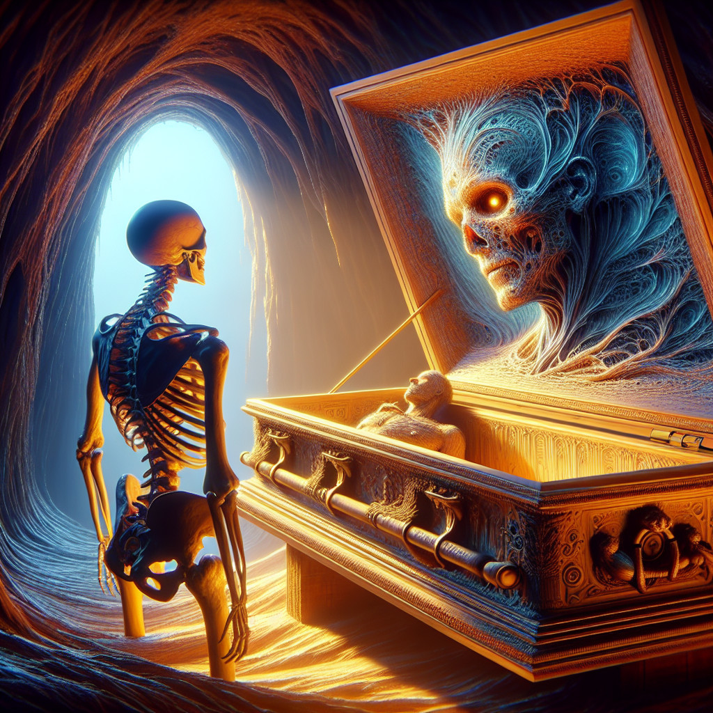 Surreal Cavern with Skeletal Figure and Coffin