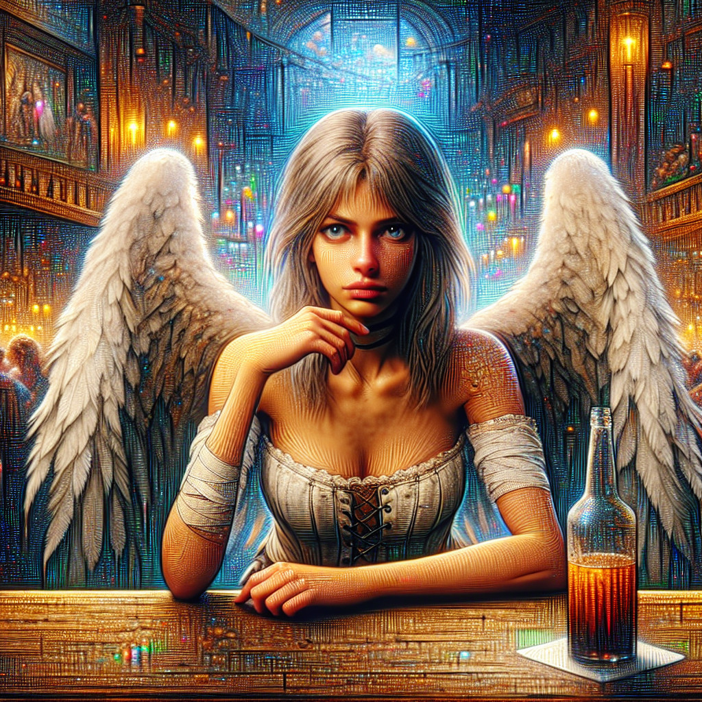 Young woman with wings seated at a bar in vibrant space