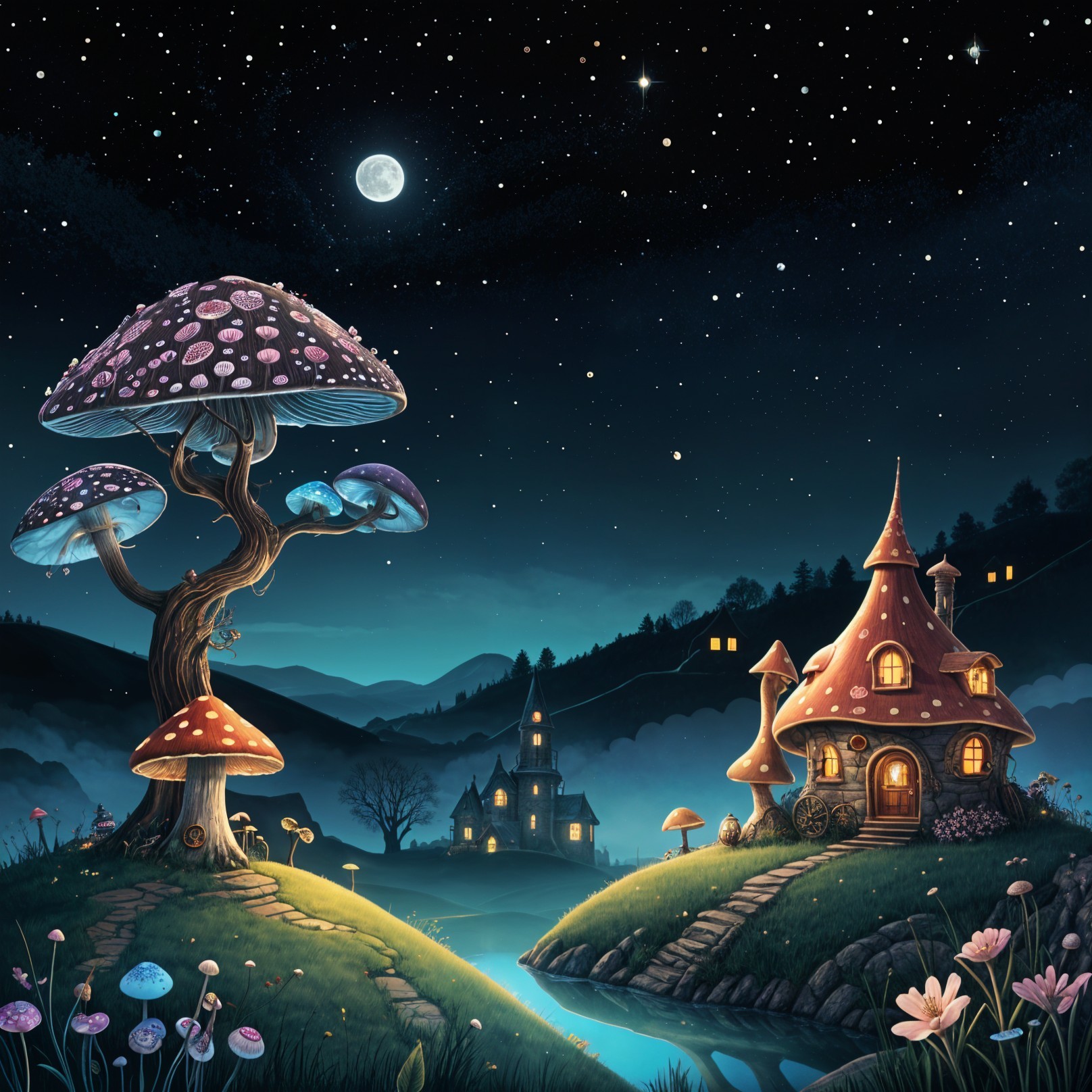 Whimsical Nighttime Scene with Mushroom House and Castle