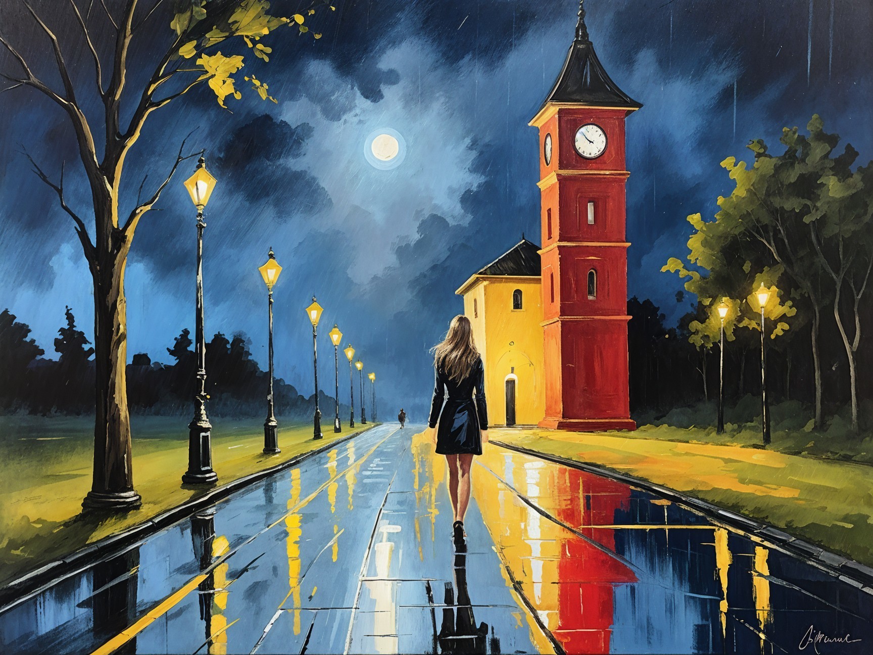 Solitary Figure on Rainy Path with Clock Tower