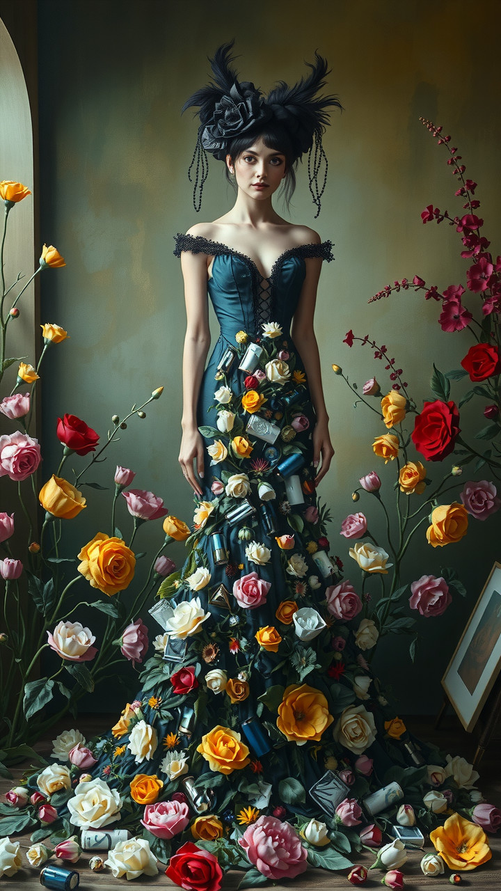 Elaborate Gown with Floral Design and Dramatic Headpiece