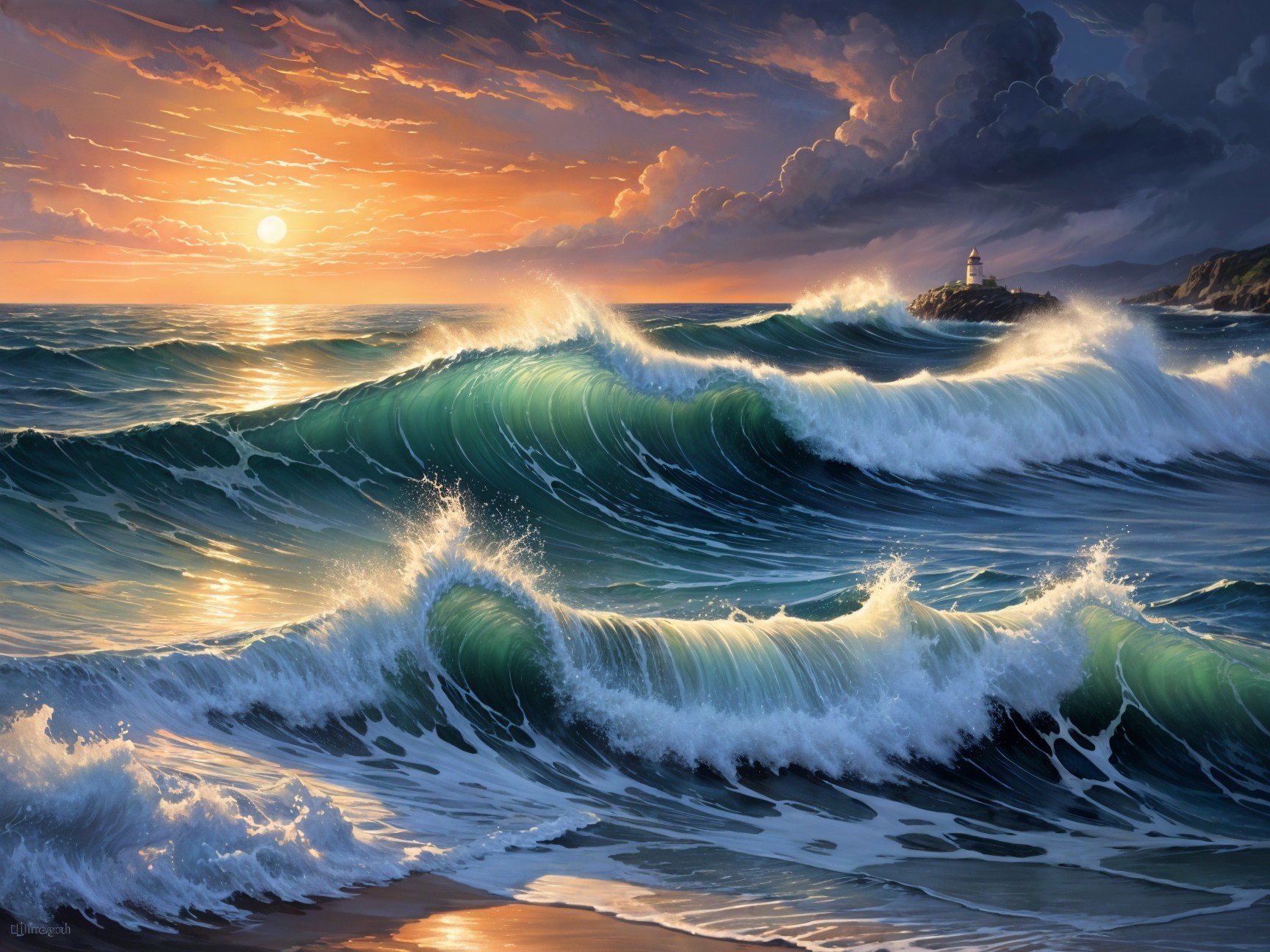 Dramatic Seascape with Sunset and Lighthouse Silhouette
