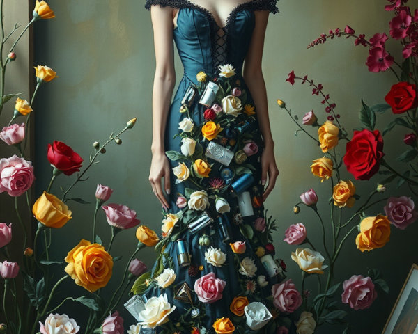 Elaborate Gown with Floral Design and Dramatic Headpiece