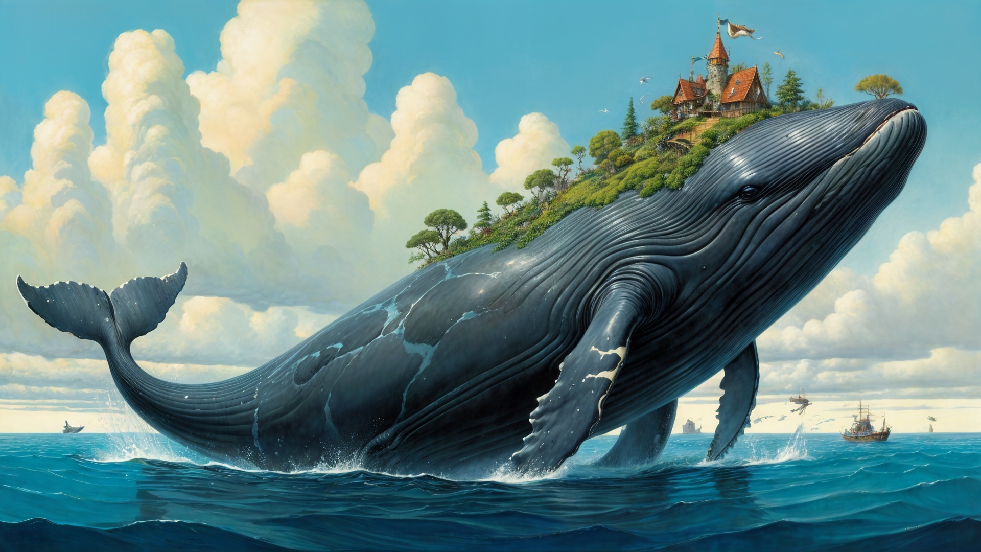 Blue whale breaches with island castle in ocean scene