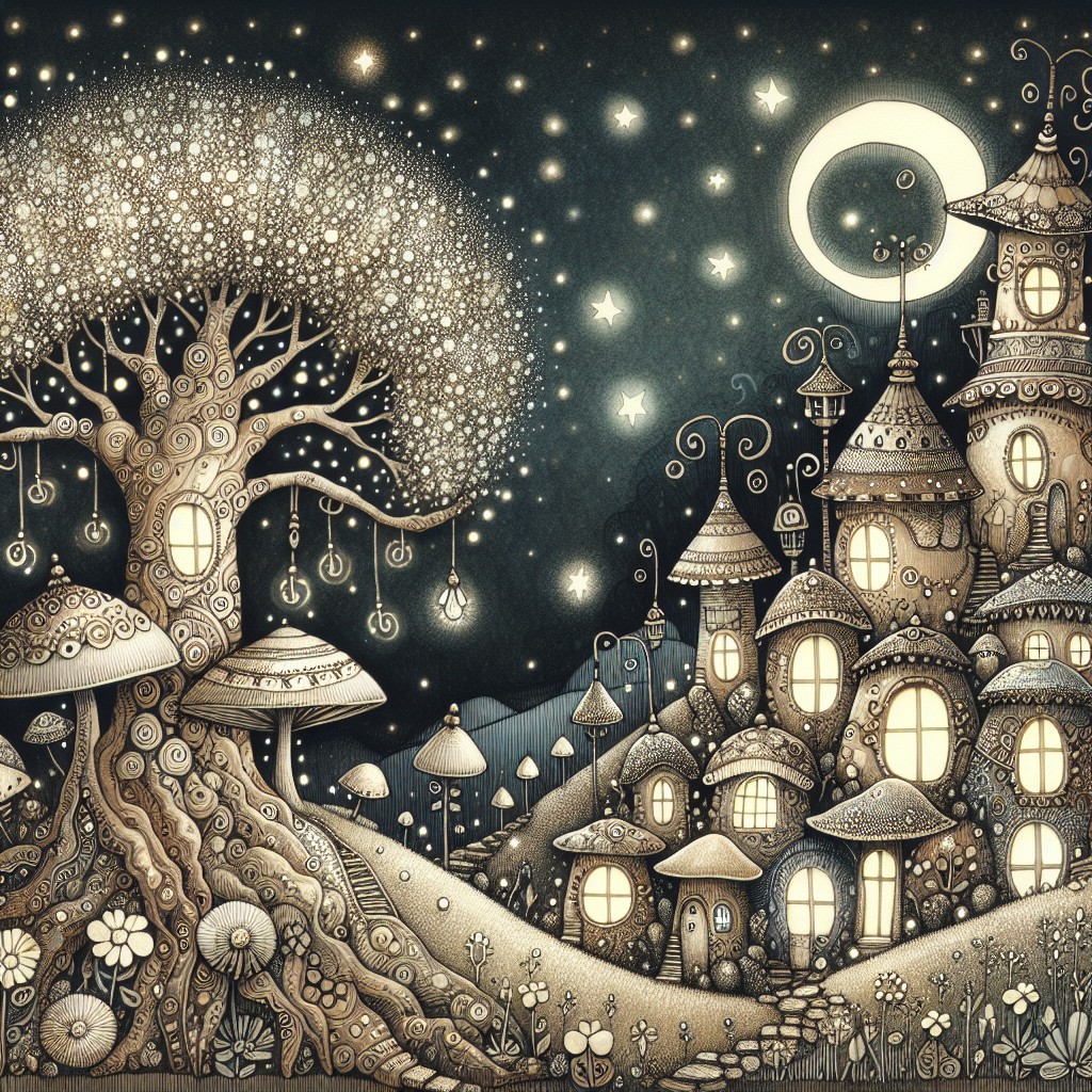 Whimsical Village with Round Houses and Starry Sky