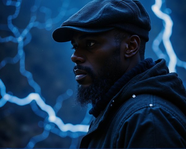 Man in profile with blue lightning backdrop