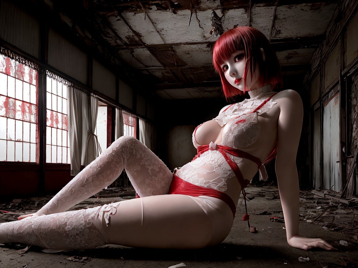 Lifelike doll with red hair in a derelict room