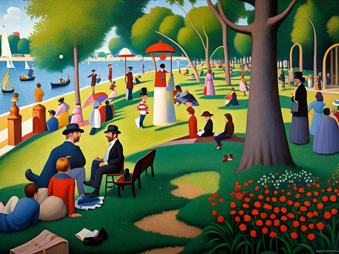 Divisionism Art Style Illustration of a Park Scene