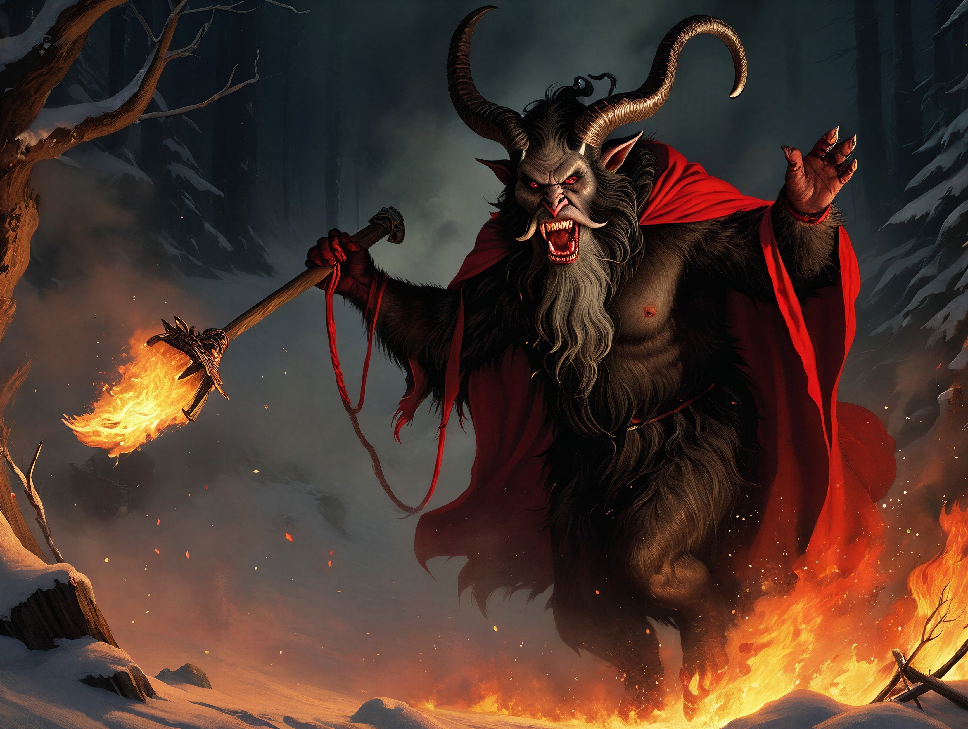 Krampus in a Snowy Forest: Mythical Creature Description