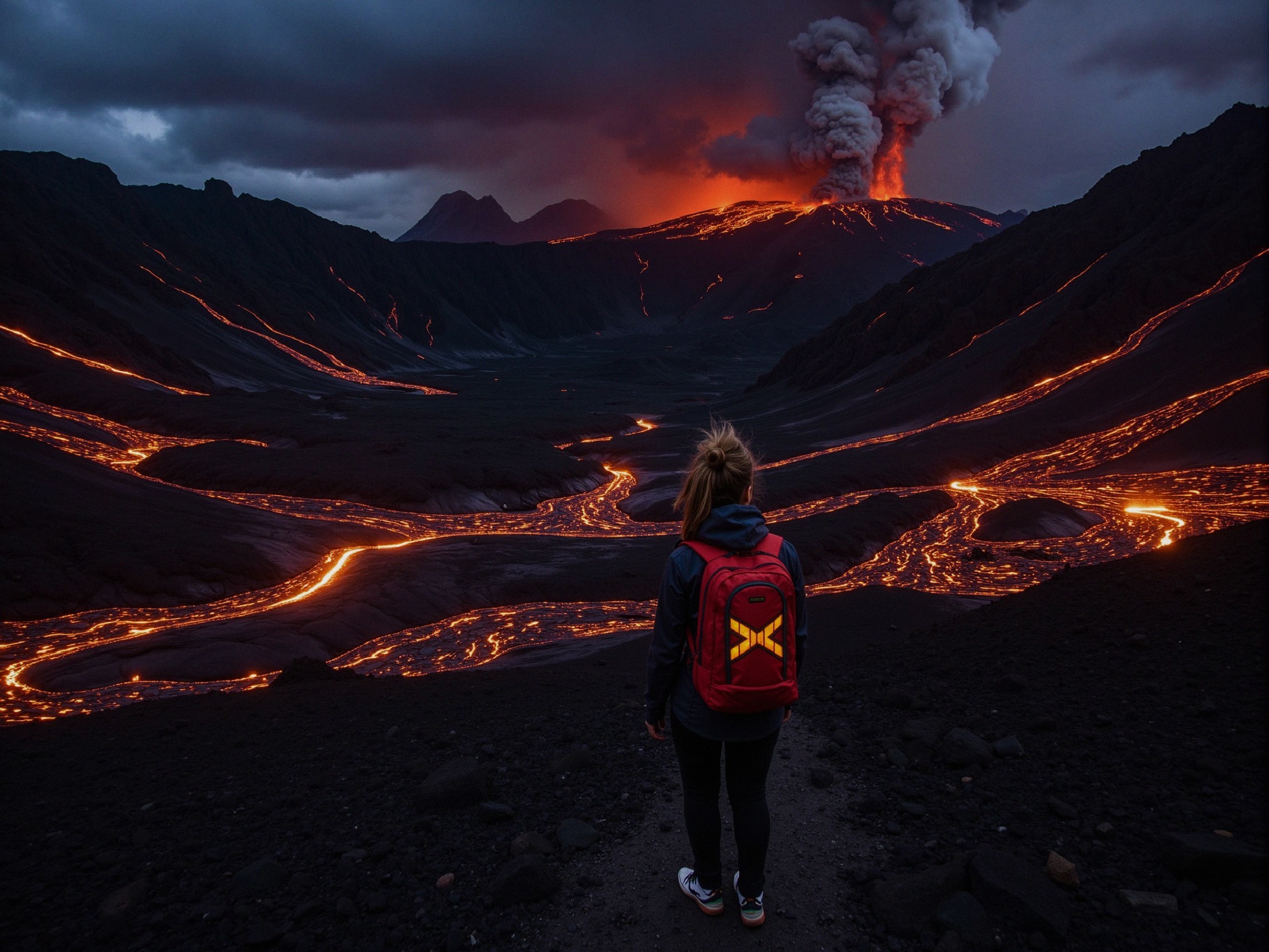 Lone Figure Observes Volcanic Eruption Landscape