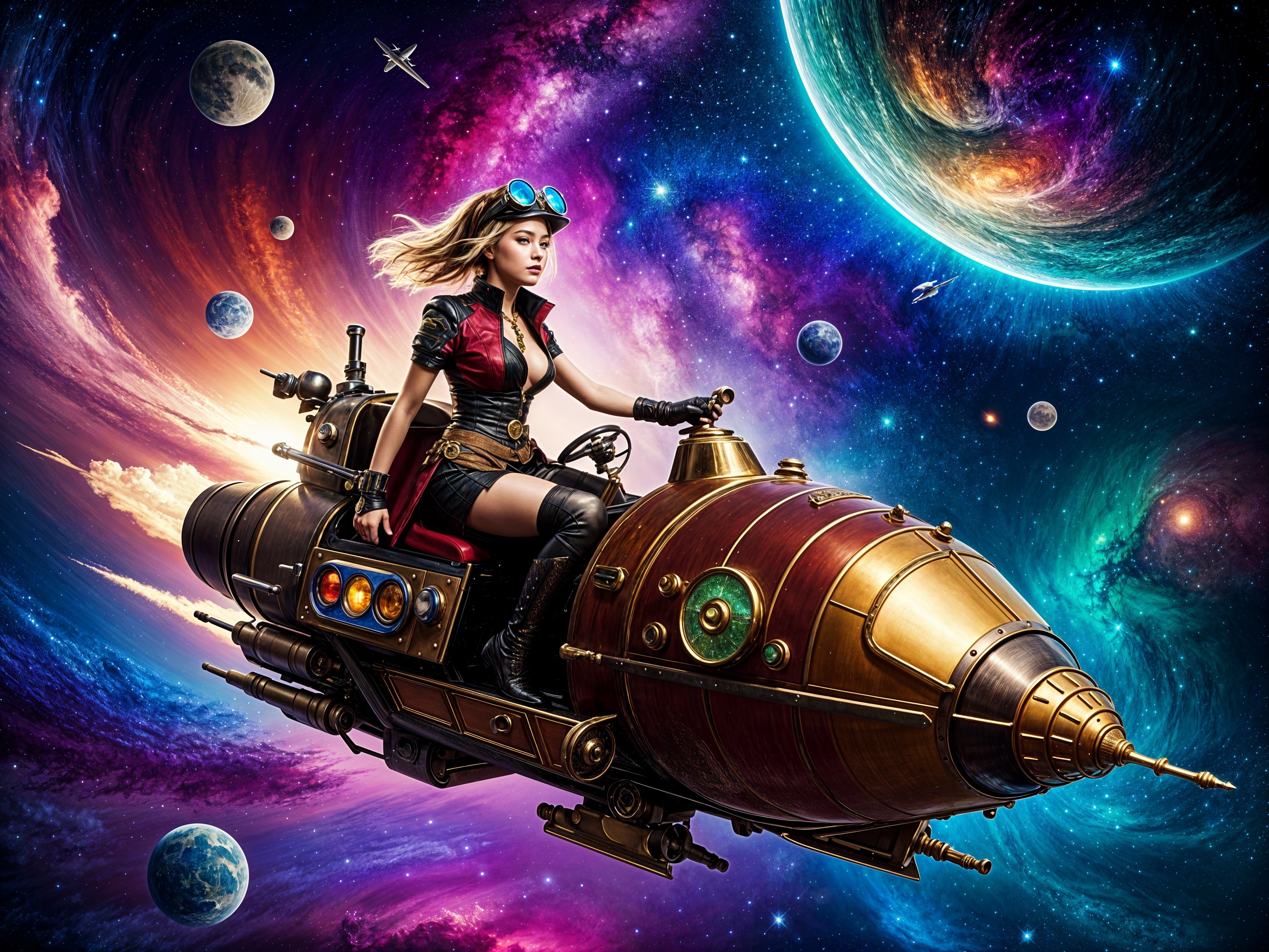 Young Adventurer on Steampunk Rocket in Cosmic Landscape