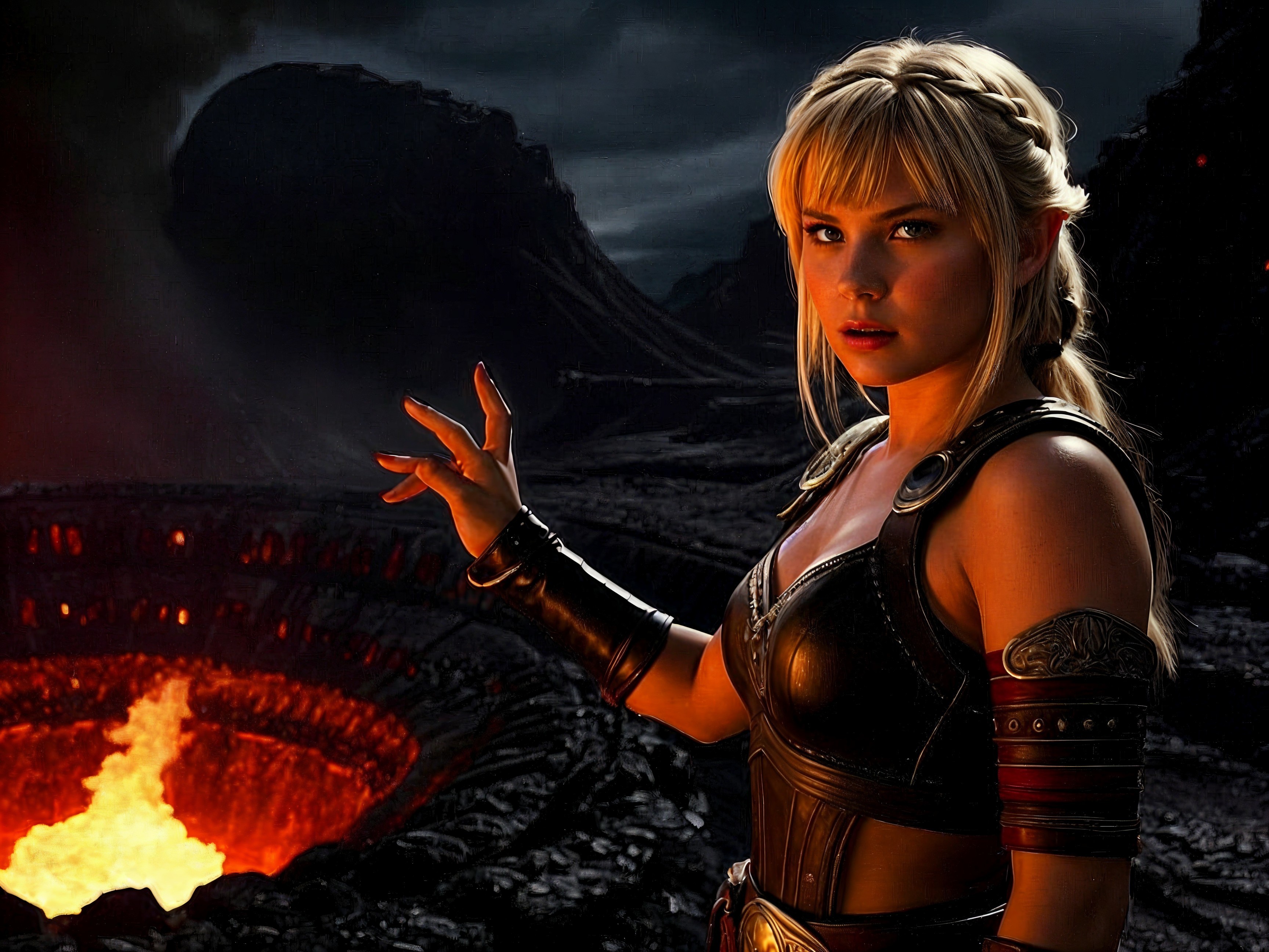Fierce warrior in volcanic landscape with glowing lava