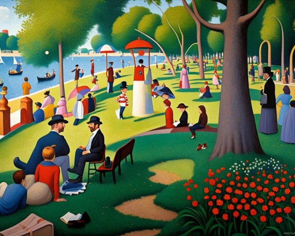 Divisionism Art Style Illustration of a Park Scene