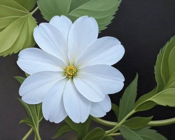 Realistic White Flower with Luminous Petals and Leaves
