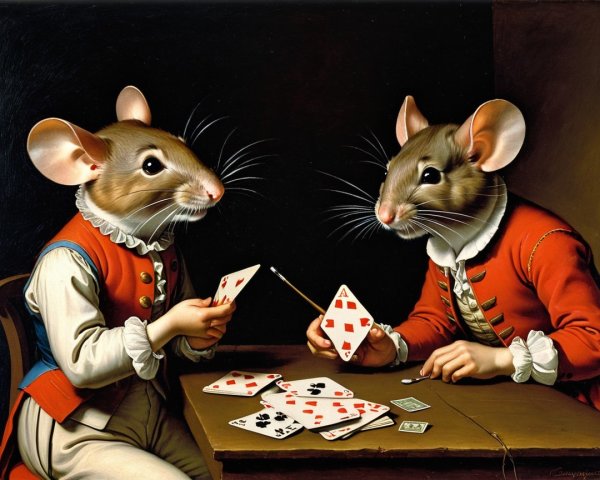 Anthropomorphic mice in 18th-century attire playing cards