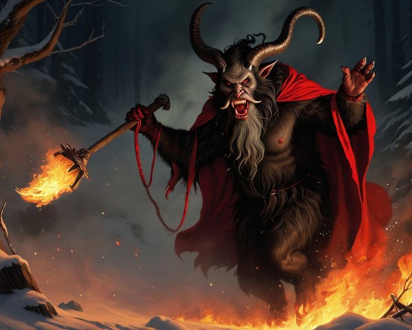 Krampus in a Snowy Forest: Mythical Creature Description