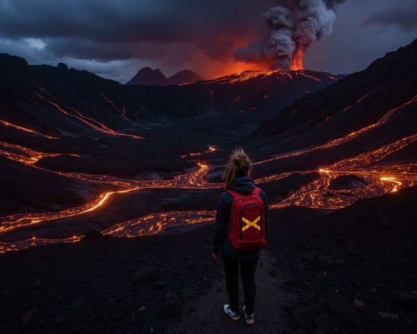 Lone Figure Observes Volcanic Eruption Landscape