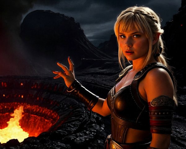 Fierce warrior in volcanic landscape with glowing lava