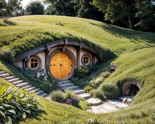 Hobbit-Inspired Home Surrounded by Lush Green Hills