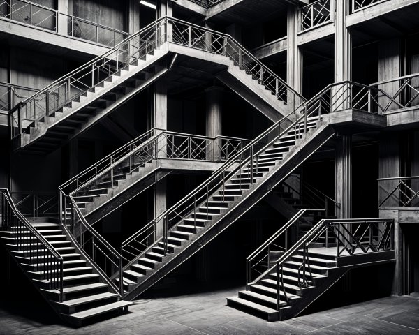 Symmetrical Architectural Interior with Intersecting Staircases