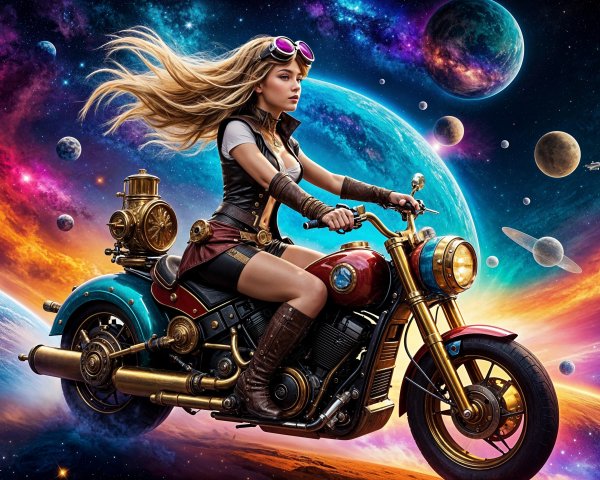 Young Woman on Steampunk Motorcycle in Space Setting
