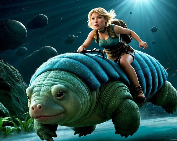 Girl on Colorful Turtle in Mystical Underwater Scene