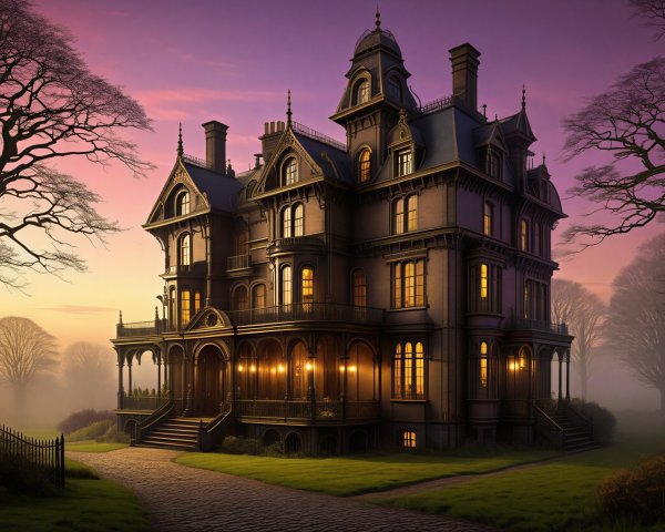 Victorian Mansion with Dramatic Sunset and Details