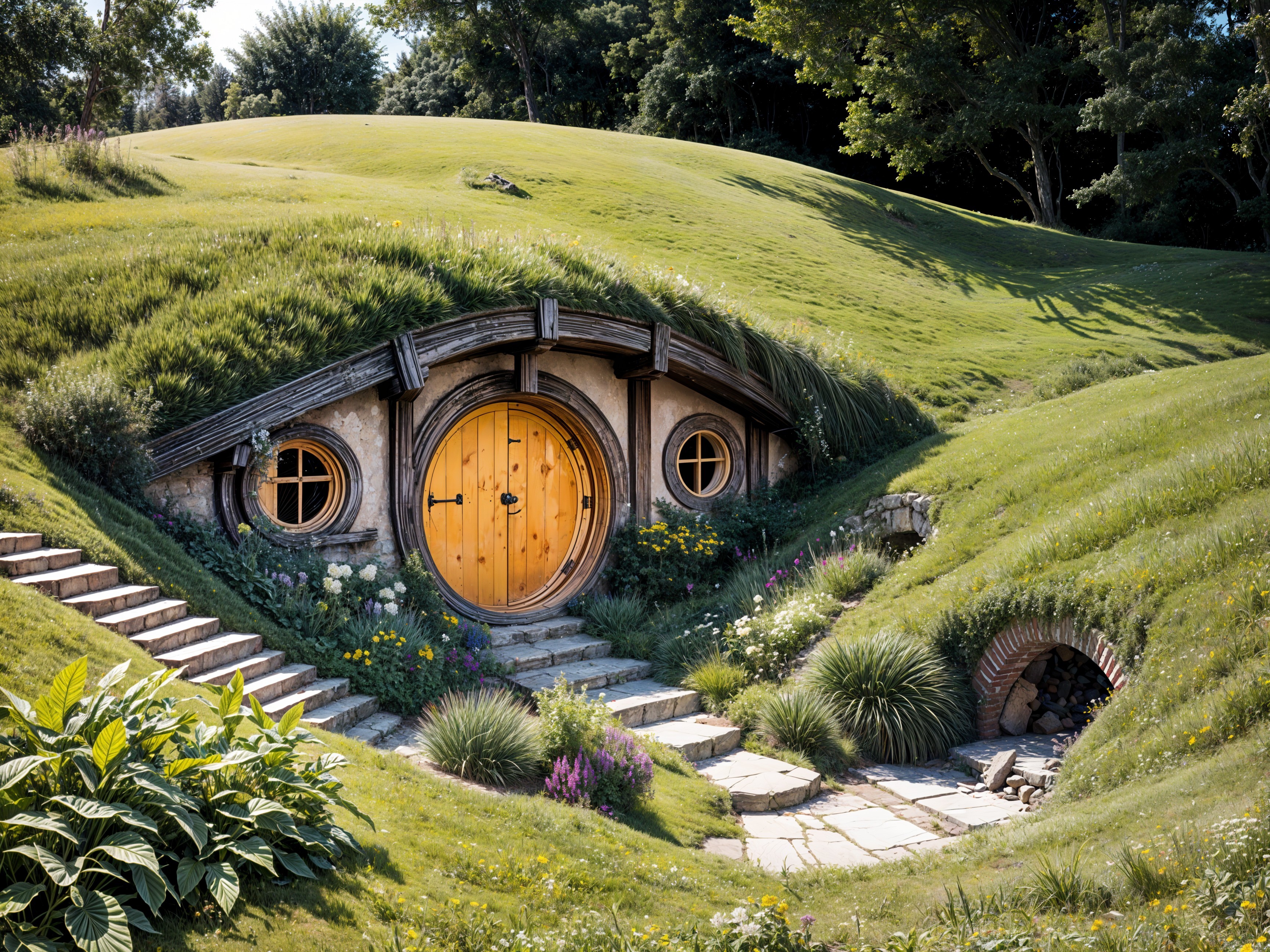 Hobbit-Inspired Home Surrounded by Lush Green Hills