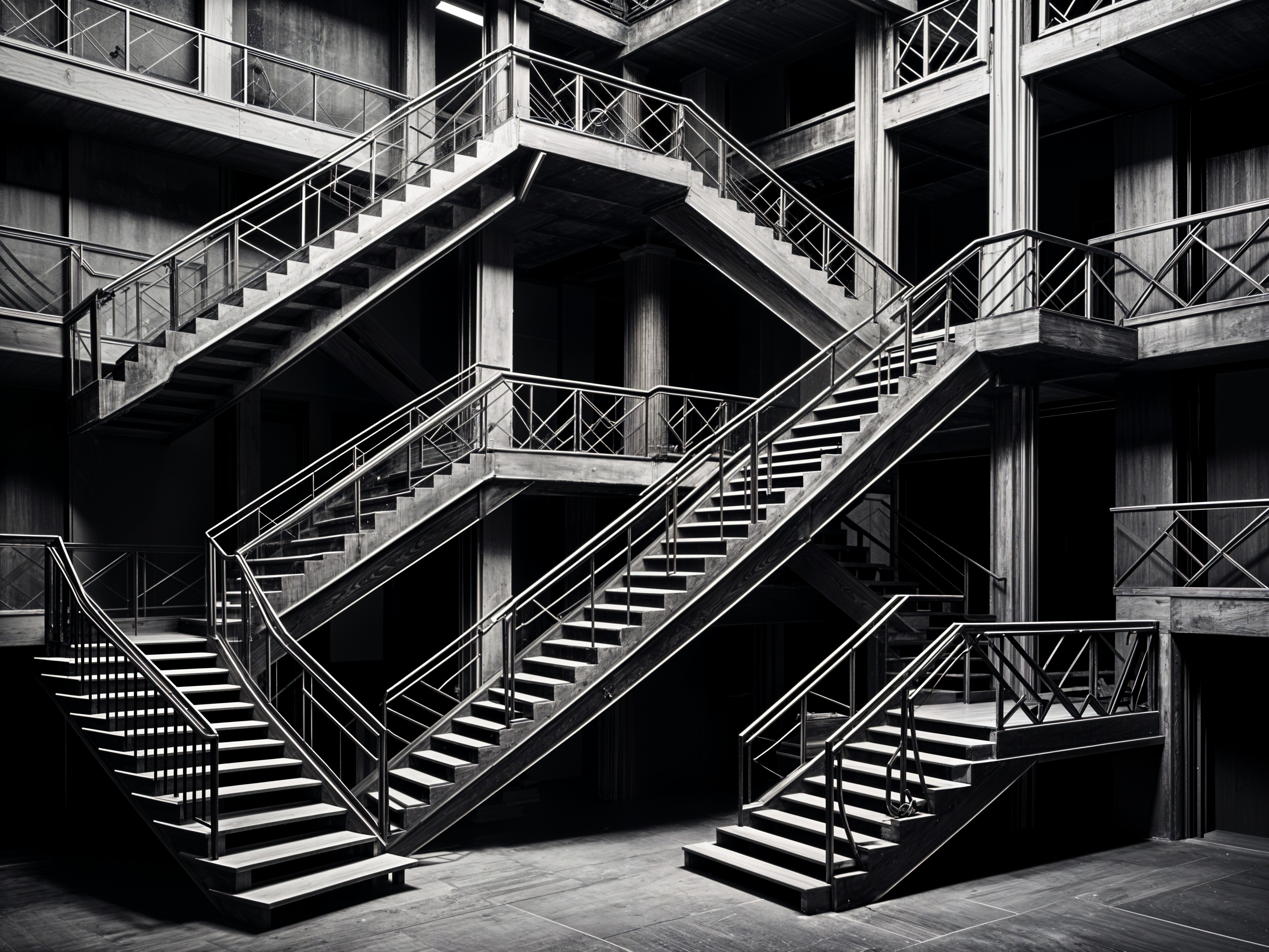 Symmetrical Architectural Interior with Intersecting Staircases
