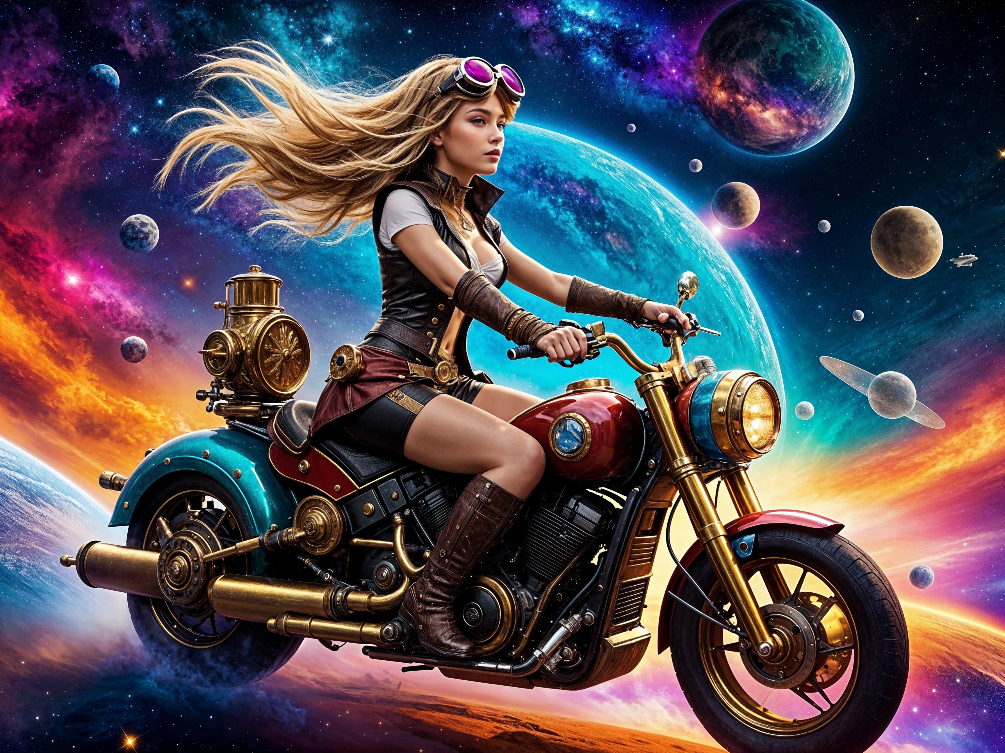 Young Woman on Steampunk Motorcycle in Space Setting