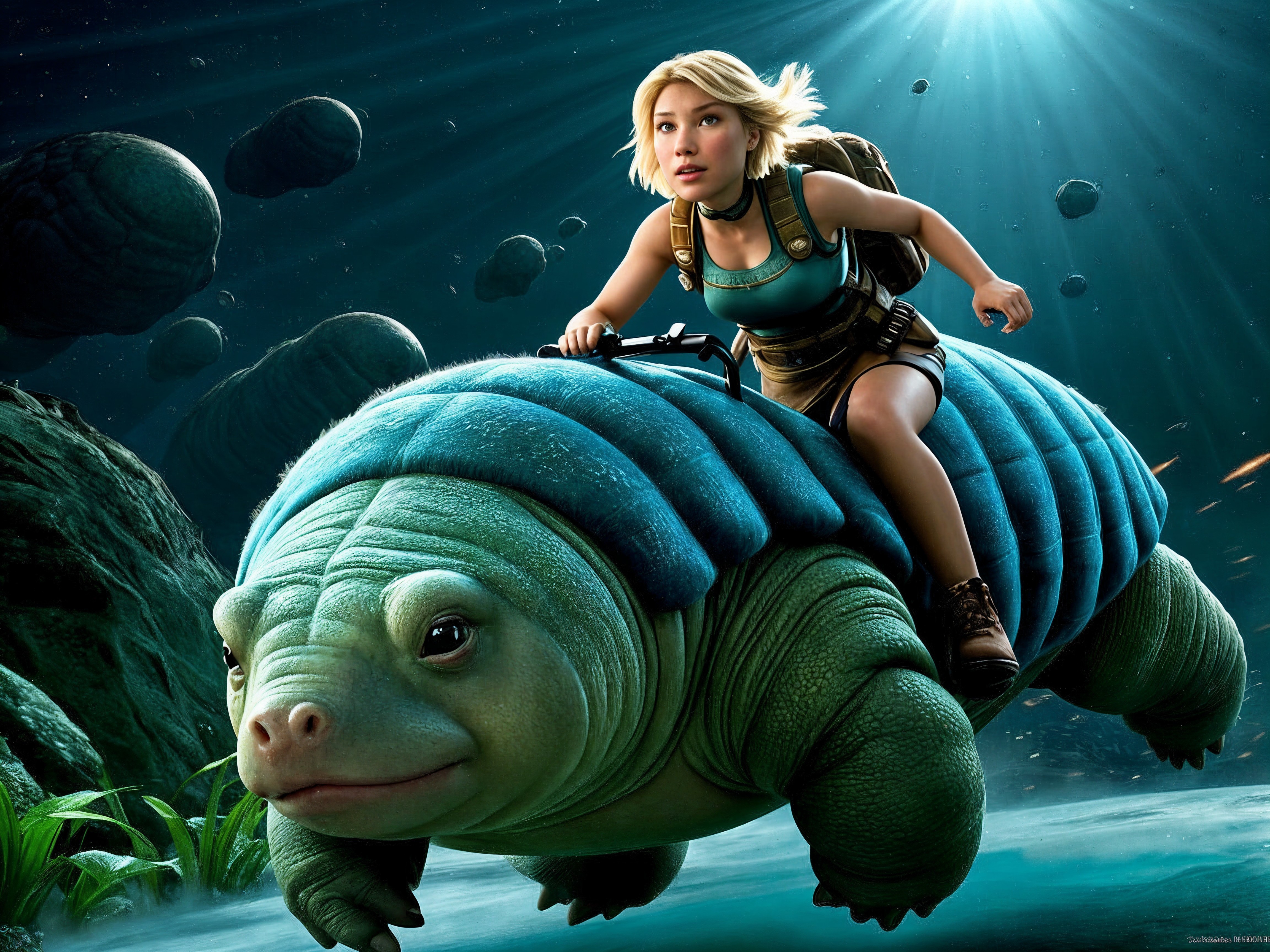 Girl on Colorful Turtle in Mystical Underwater Scene