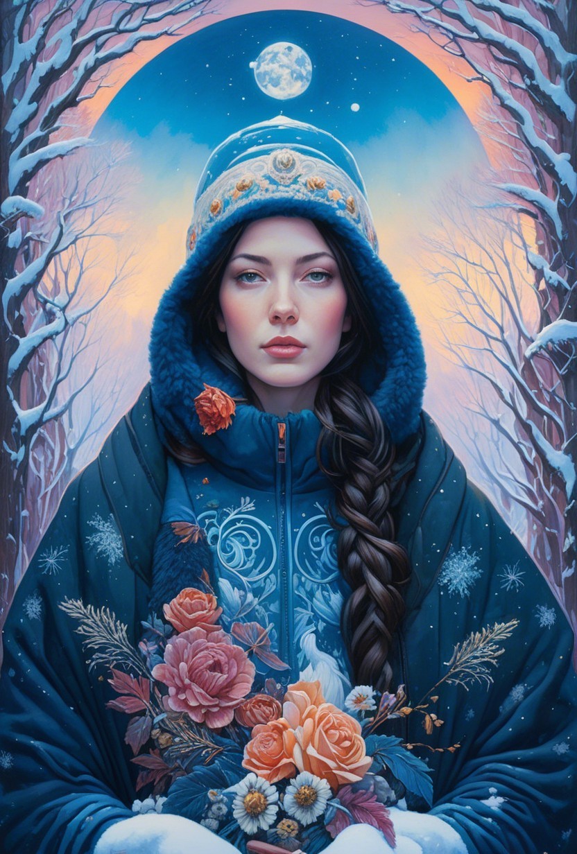 Young woman in blue coat with flowers in snowy twilight