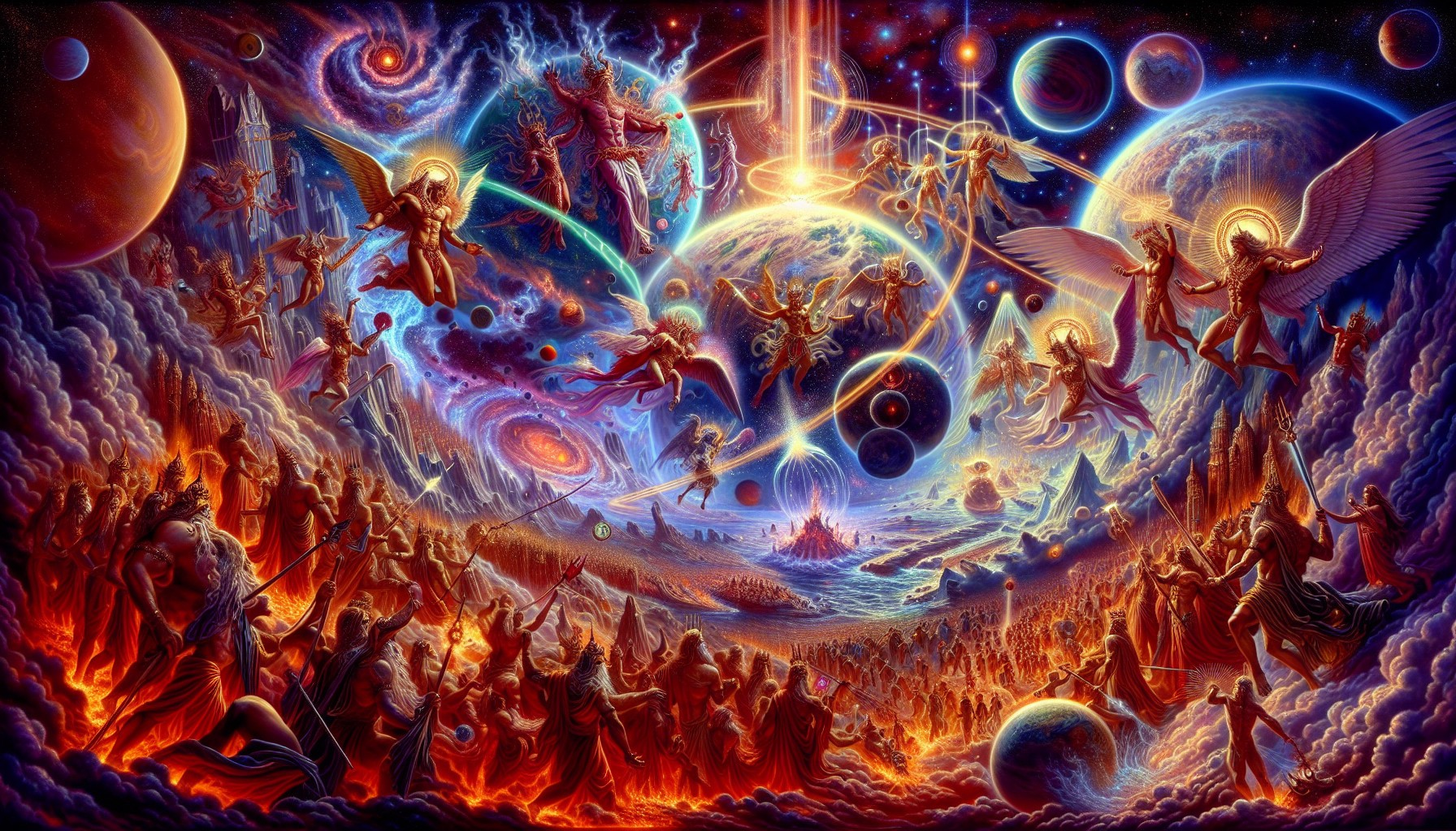 Cosmic Scene with Celestial Beings and Galaxies