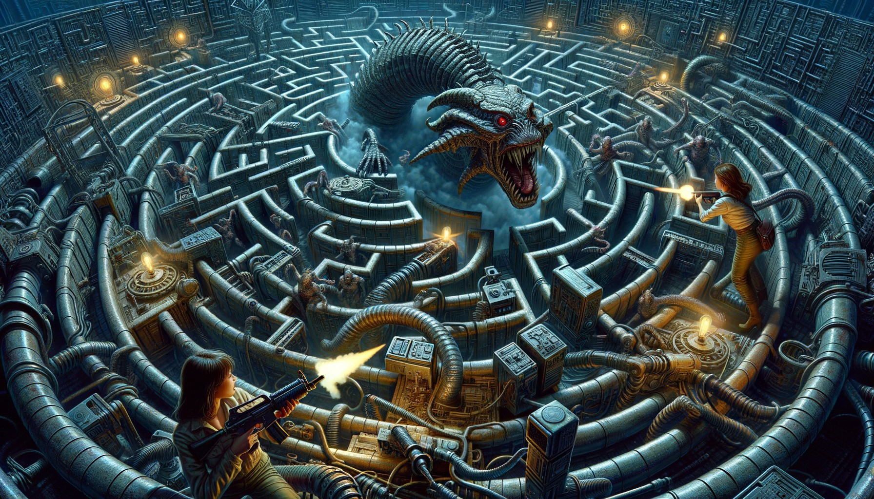 Futuristic maze with armed figures and giant serpent