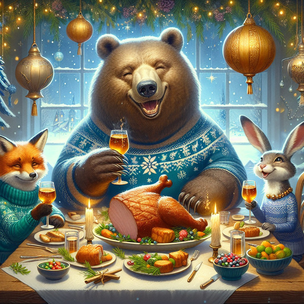 Festive Celebration with Cozy Animals and Feast