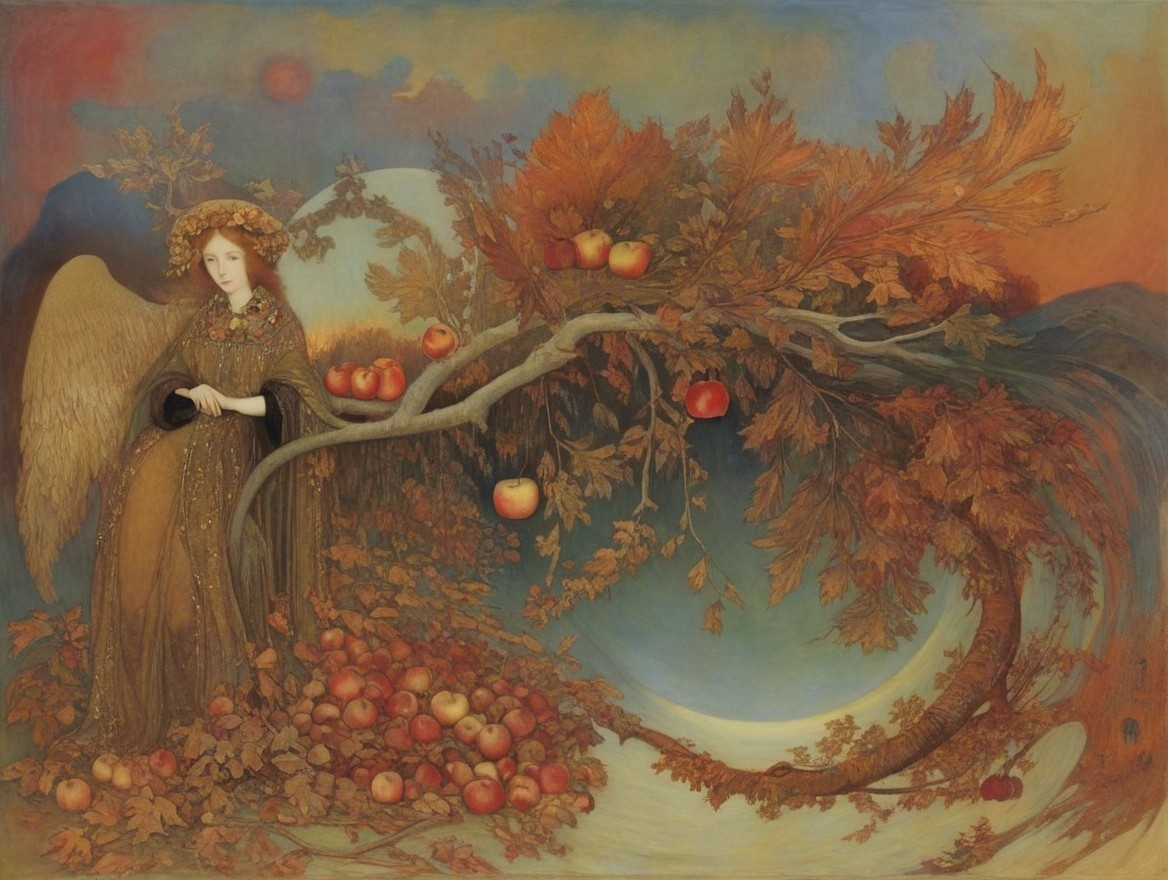 Serene Angelic Figure Beside Apple Tree in Autumn