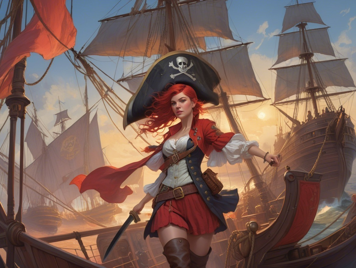 Fierce Female Pirate at Ship Bow with Sunset Background