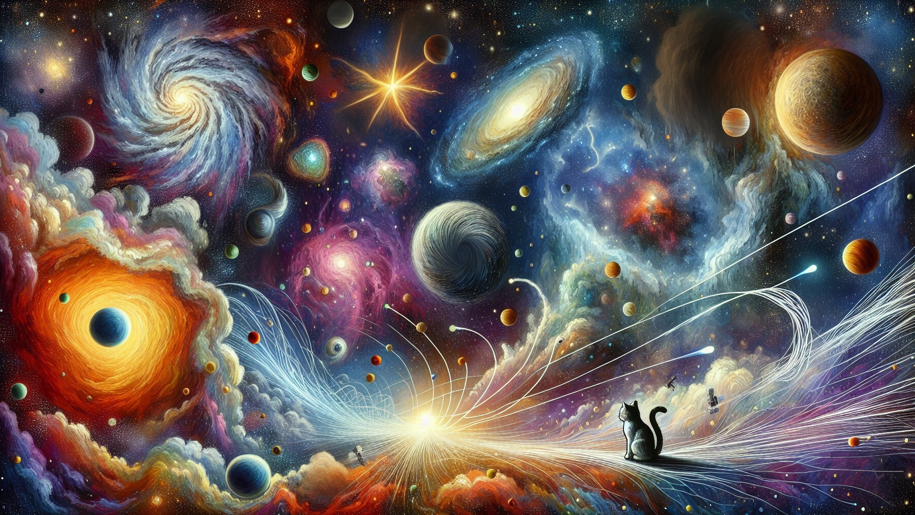 Cosmic Scene with Cat and Vibrant Celestial Colors