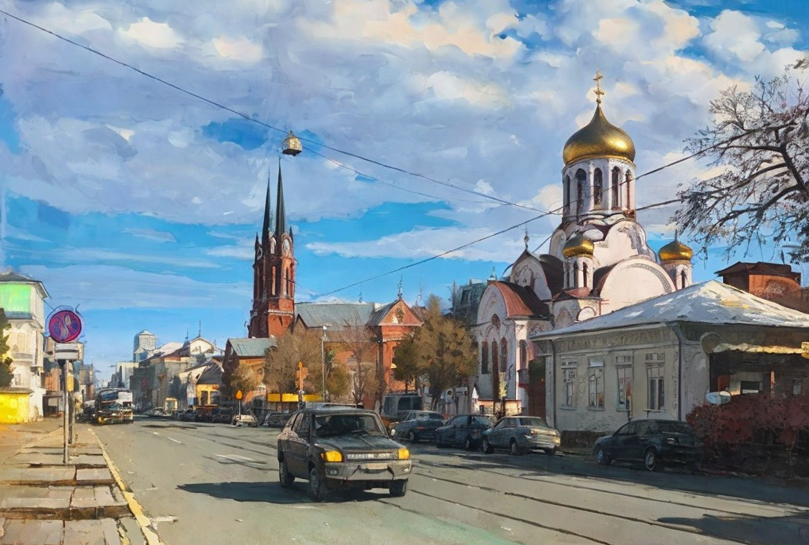 Vibrant street scene with diverse architecture and church
