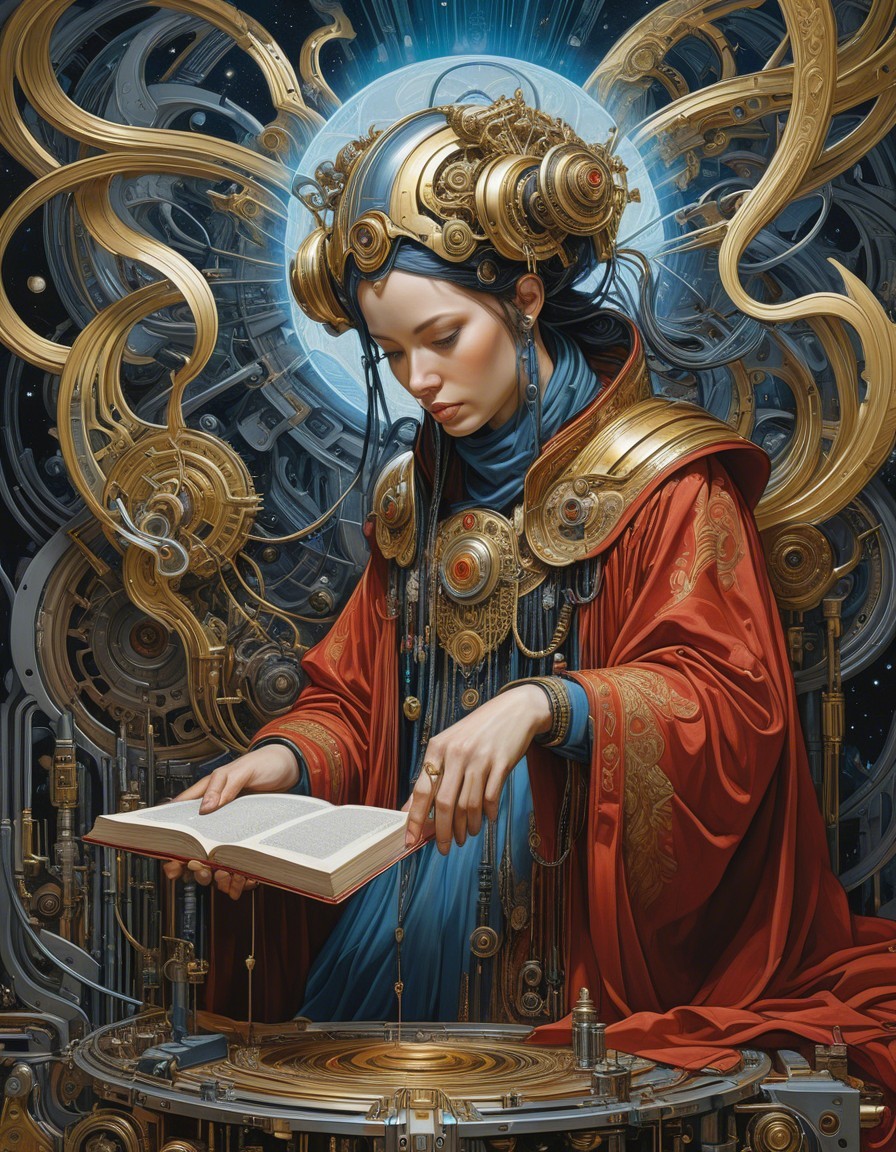 Woman in Red Robe Surrounded by Steampunk Elements
