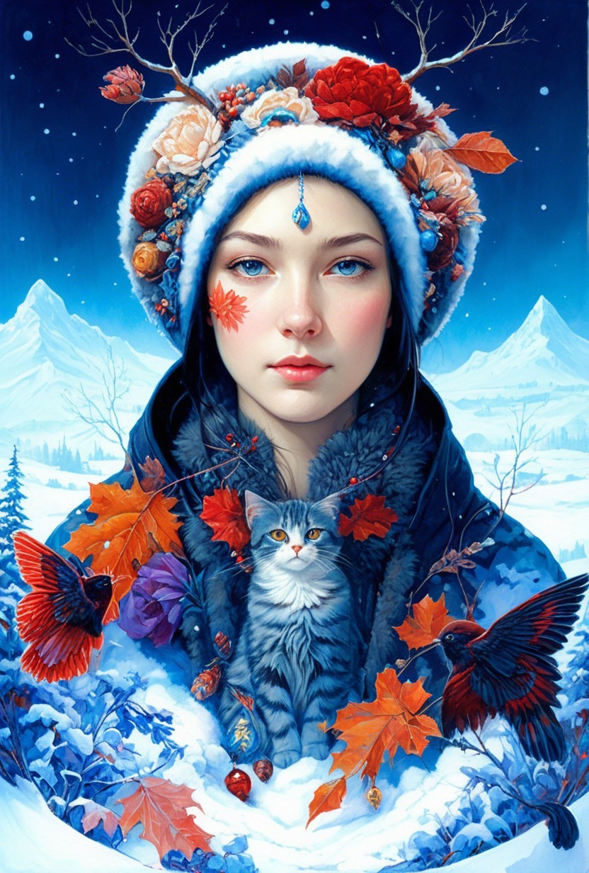 Young Woman in Floral Hat Amidst Winter and Fall Elements