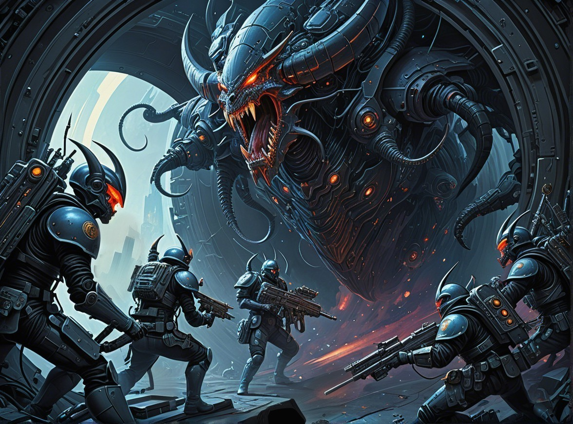 Dystopian Scene of Battle with Demon and Soldiers