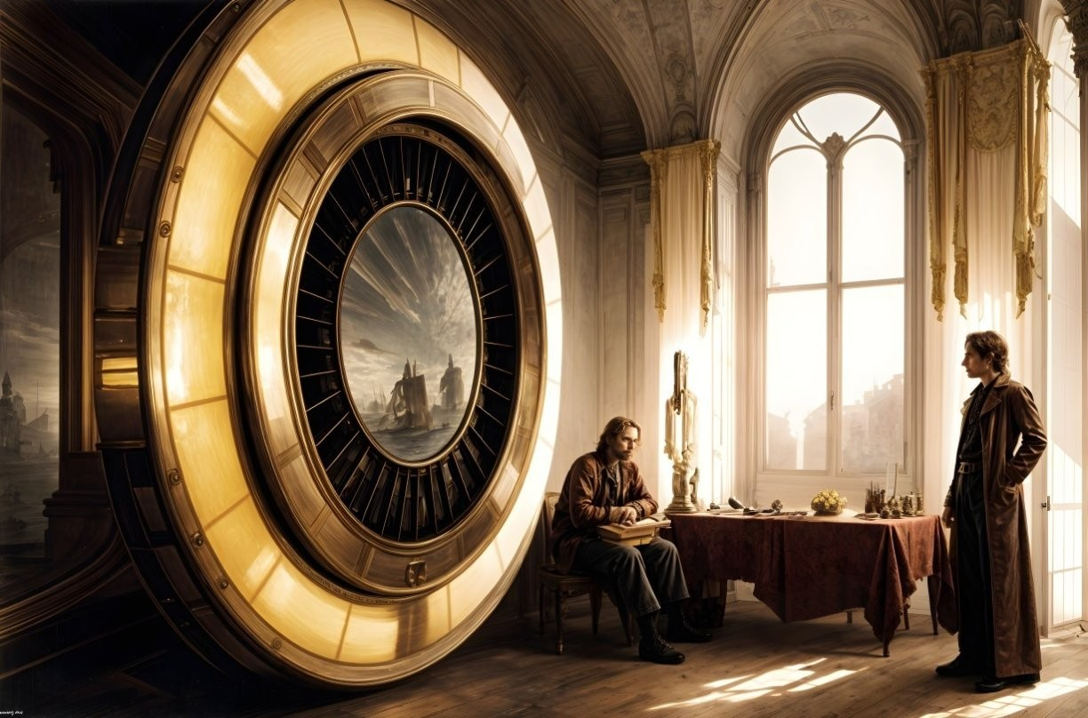 Ornate Clock in Elegant Room with Two Men Working