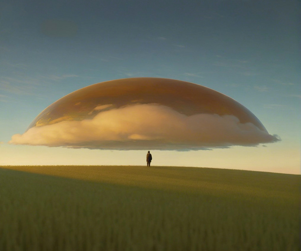 Solitary Figure in Vast Green Landscape with Cloud