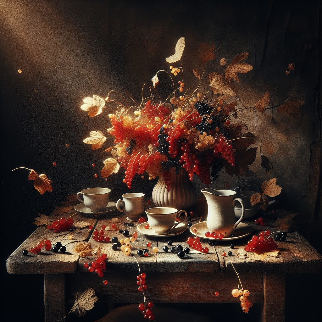 Rustic Wooden Table with Autumn Decorations and Tea Set