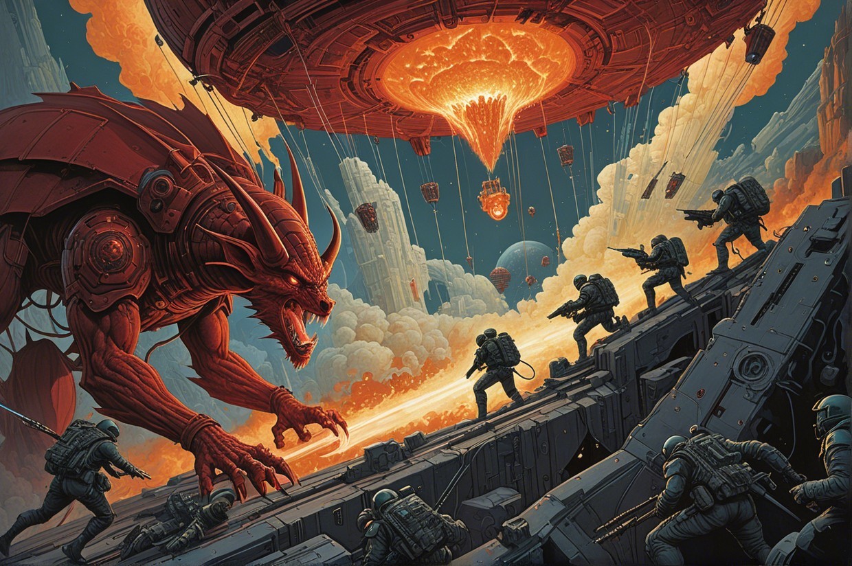 Futuristic Soldiers Confront Menacing Red Creature