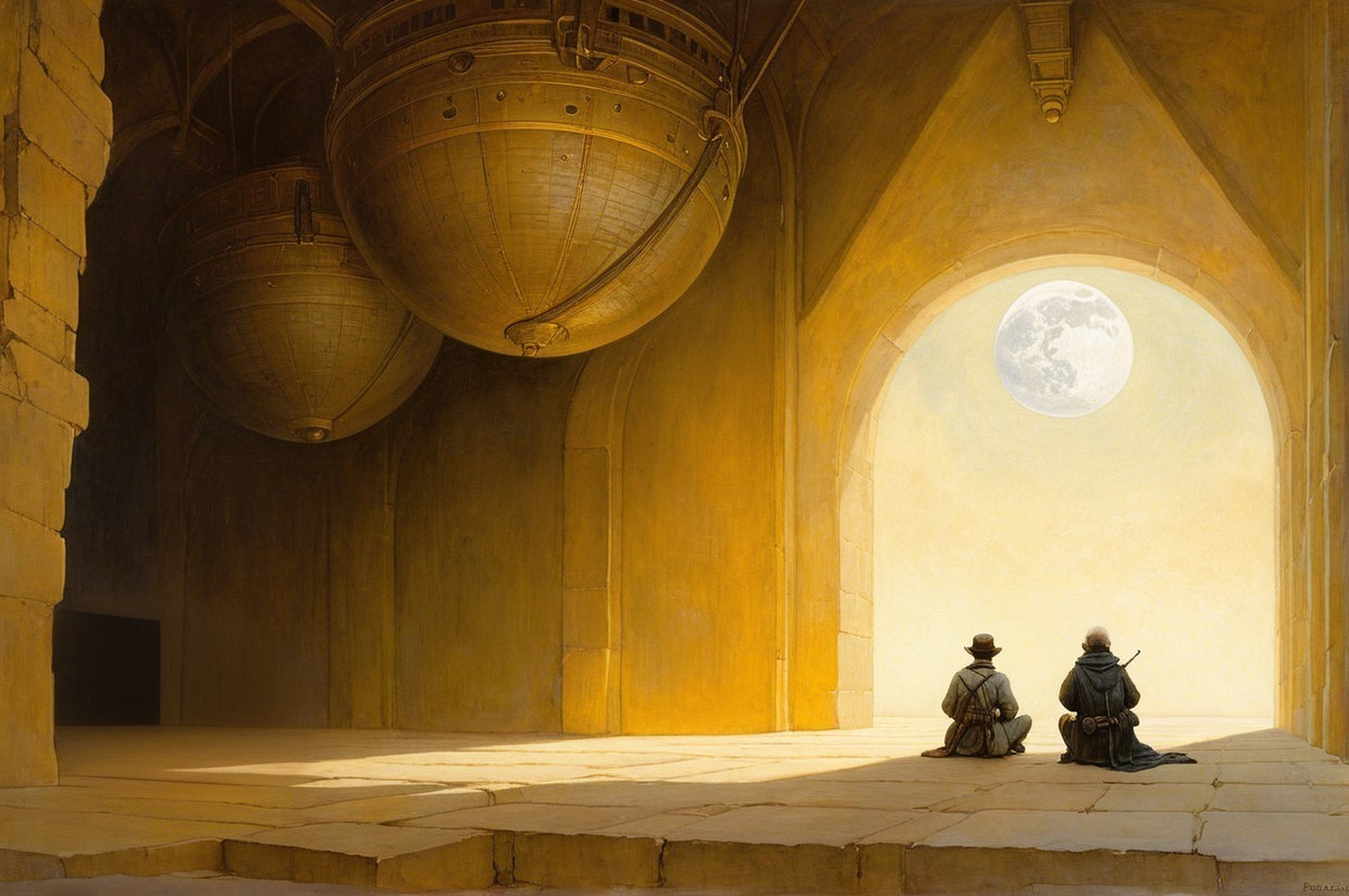 Cloaked Figures in Serene Moonlit Atmosphere