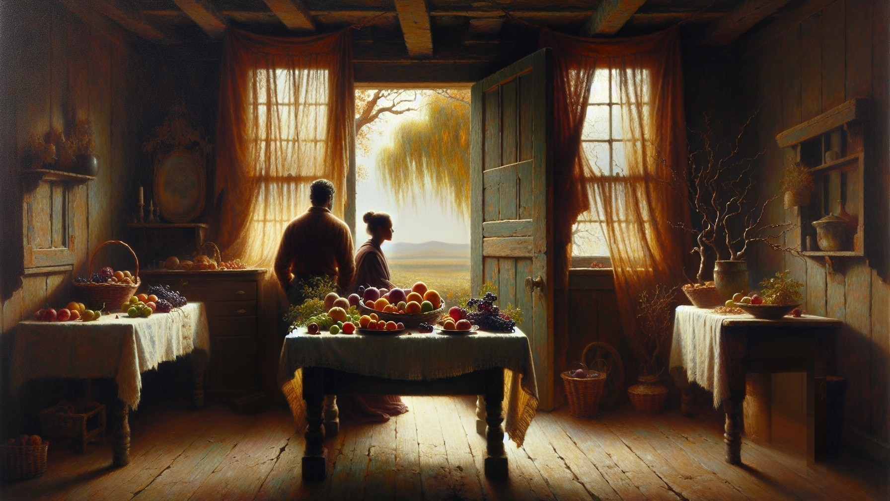 Cozy Rustic Room with Sunlight and Vibrant Fruits