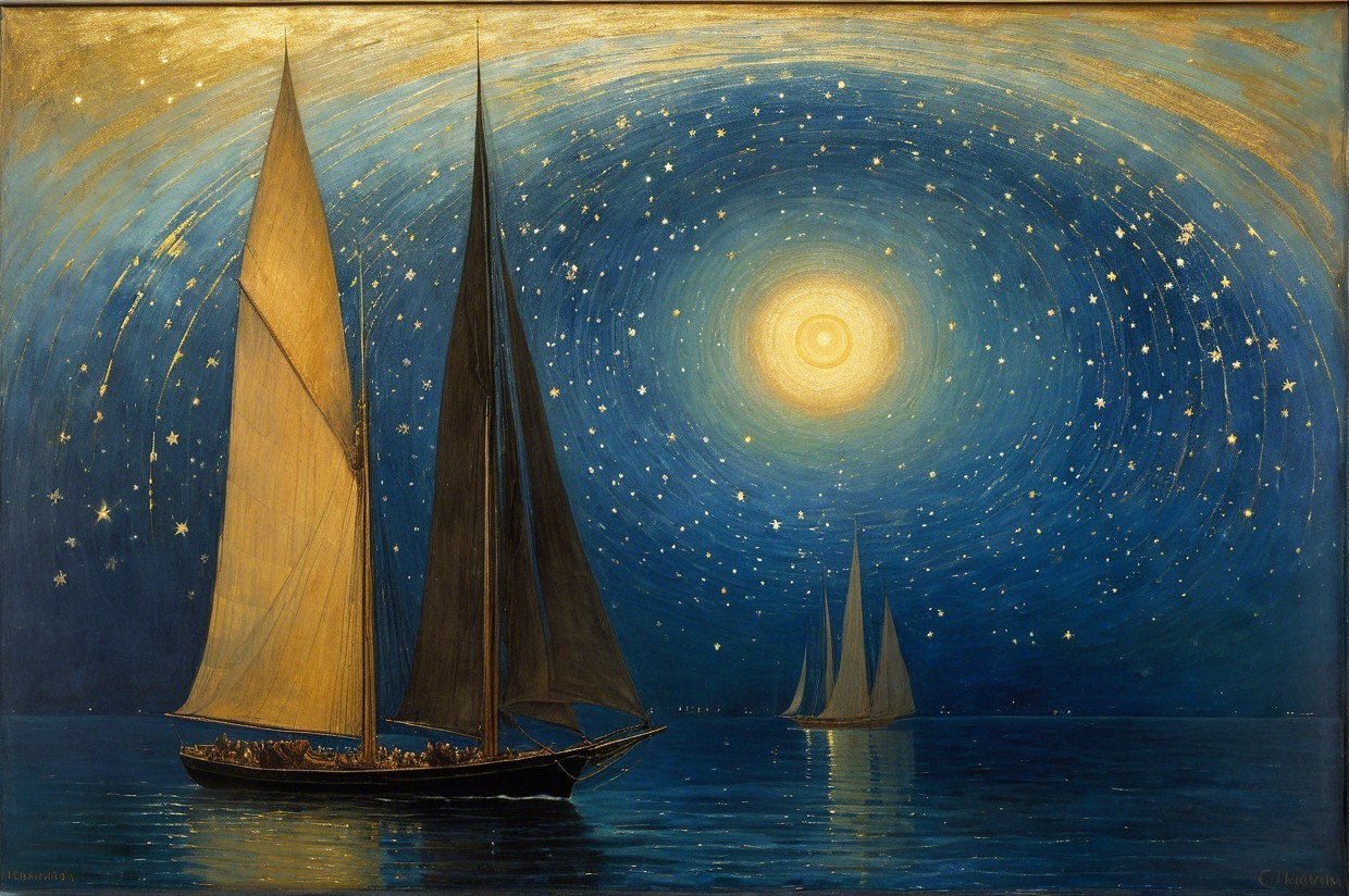 Serene Night Scene with Boats and Full Moon