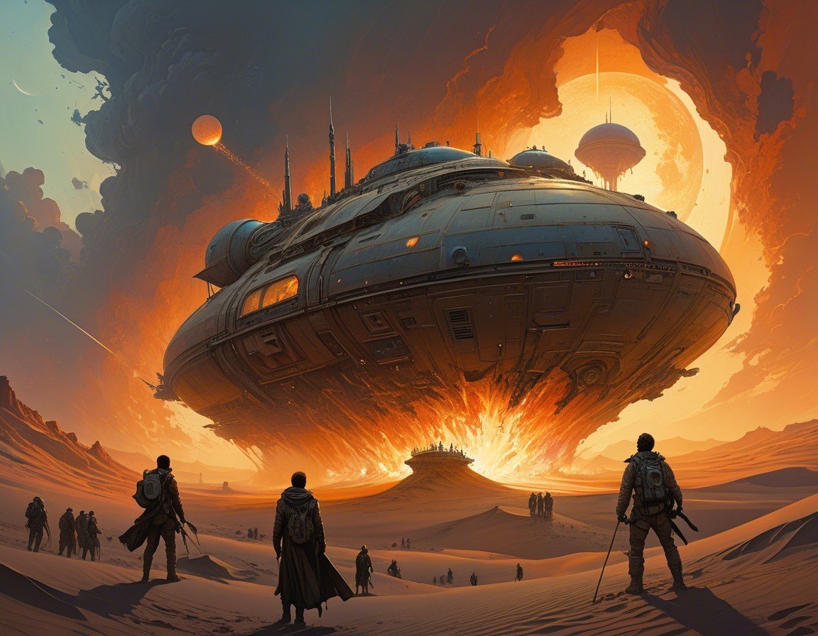 Futuristic Spaceship Over Desert at Dramatic Sunset